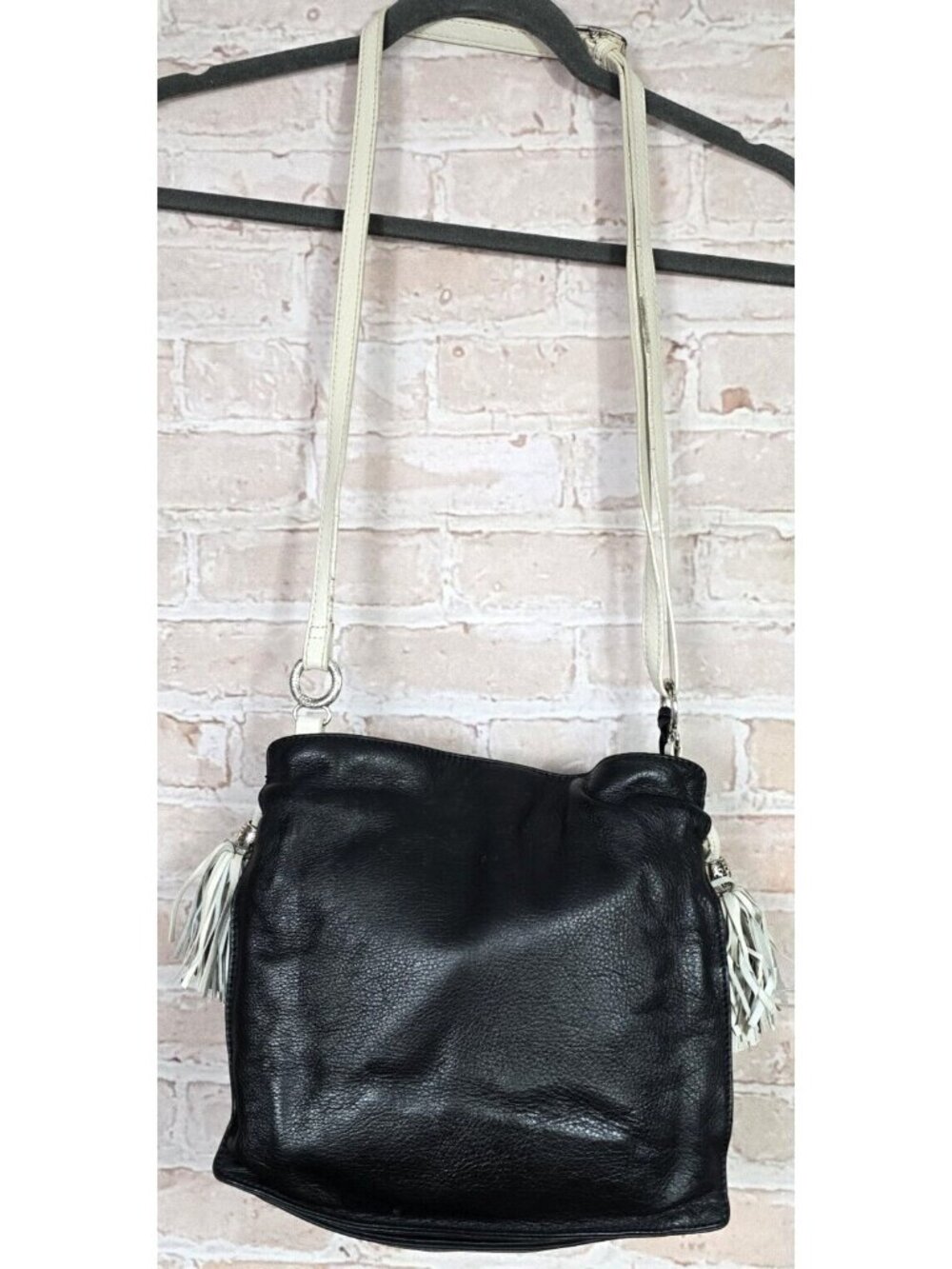 BRIGHTON GLORIETTA Black Leather White Tasseled Crossbody Bag Purse Organizer